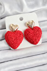 Kırmızı Kalp Figürlü Hasır Örgü Model Gold Renk Kadın Küpe
