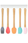 5&#39;li Renkli Ahşap Saplı Silikon Uçlu Spatula Fırçalı Kaşık Seti -Yemek Hazırlık Seti 21 Cm