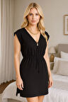 Kadın Siyah Yanları Yırtmaçlı Tokalı V Yaka Mini Plaj Elbisesi