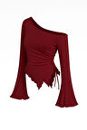 Kadın Bordo Uzun İspanyol Kollu Asimetirik Yaka Yandan Bağlamalı Drapeli Bluz