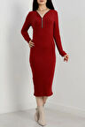 Fermuar detaylı fitilli şardonlu elbise bordo a3178