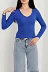 V yaka kaşkorse bluz saks mavisi a3699