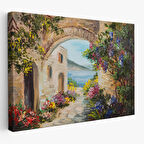 Harita Sepeti Deniz Yakınında Ev, Renkli Çiçekler, Deniz Manzaralı Kanvas Duvar Tablosu-1111