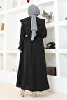 Pelerin Yaka Detaylı Kuşaklı Tesettür Elbise BRC1125 Siyah