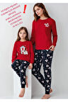 %100 Pamuklu Anne & Kız Çocuk Baskılı Kırmızı İkili Pijama Takımı L1.RP.367.8.002