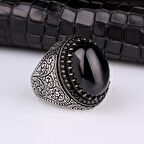 925 AYAR GÜMÜŞ ONIX TAŞLI KALEM MOTİFLİ YÜZÜK