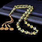 ALTIN KAPLAMA GÜMÜŞ PÜSKÜLLÜ İRİ BOY ARPA KESİM DAMLA KEHRİBAR TESBİH