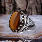 KAPLAN GÖZÜ TAŞLI 925 AYAR ERKEK GÜMÜŞ YÜZÜK