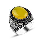 Sarı Taşlı El İşi Kalem Motifli Gümüş Yüzük