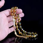 ZİRKON TAŞLI GÜMÜŞ PÜSKÜLLÜ ÇÖP FOSİLLİ DAMLA KEHRİBAR TESBİH