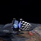 MAVİ RENK ZİRKON TAŞLI ÖRGÜ MODEL GÜMÜŞ ERKEK YÜZÜK