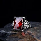 KIRMIZI RENK ZİRKON TAŞLI 925 AYAR GÜMÜŞ ERKEK YÜZÜK