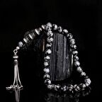 ZİRKON TAŞLI GÜMÜŞ PÜSKÜLLÜ KARLI OBSİDYEN TAŞI TESBİH