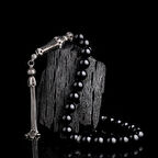 925 Ayar Gümüş Küre Kesim Siyah Zirkon Taşlı Ateş Kehribar Tesbih