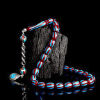 925 Ayar Gümüş Mineli Püsküllü Bordo Mavi Ayyıldız Model Ateş Kehribar Tesbih