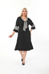 Kadın Büyük Beden Kravat Desenli Siyah Midi Elbise