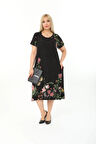 Büyük Beden Siyah Çiçek Desenli Kısa Kol Elbise
