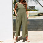 Barbora Keten Yazlık Günlük Sırt Dekolteli Salaş Kadın Tulum LN212haki9