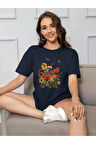 Unisex Pamuklu Butterfly Flowers Ön Baskılı Tasarım Tshirt