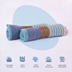 Homedius %100 Pamuk Turkuaz American Desenli Püsküllü Peştamal 2’li - 100x180 Cm