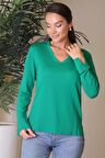 V YAKALI UZUN KOLLU YEŞİL KADIN BLUZ 715-2K4