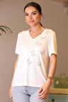 KELEBEK İŞLEMELİ KISA KOLLU EKRU KADIN BLUZ  047-2Y4