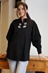 YAKASI İŞLEMELİ SİYAH KADIN TUNİK 4525-2Y4