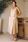 KOLSUZ DÜĞMELİ BEJ KADIN UZUN ELBİSE  2450-2Y4
