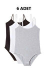 6 Adet İp Askılı Kadın Çıtçıtlı Body Zıbın Siyah Beyaz Gri