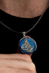 Erkek Gümüş Kolye - Osmanlı Tuğrası İşlemeli Mavi Renkli Gümüş Kolye