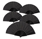 Siyah Kumaş Plastik El yelpazesi, 5 adet, el tipi katlanır