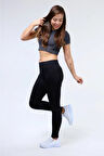 Yüksek Bel Toparlayıcı Siyah Fitilli Spor Tayt