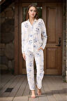 Kadın Ev Giyim Gömlek Yaka Pamuklu 2'li Krem Pijama Takımı LL.PC88.K83.D01