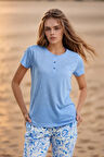 Kadın Giyim Açık Mavi Kısa Kollu Düğme Yaka Üst & Alt İkili Pijama Takımı LL.AR01.NE00.TT04
