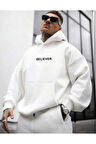 Erkek Beyaz Believer Baskılı Oversize Sweatshirt