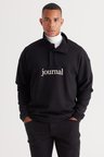 Erkek Siyah Loose Fit Bato Yaka Içi Polarlı 3 Iplik Baskılı Sweatshirt