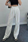 Kadın Yüksek Bel Beli Cırt Kapamalı Palazzo Pantolon - Beyaz