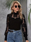 Kadın Yarım Balıkçı Yaka Dantelli Uzun Kollu Viskon Bluz