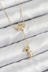 Pirinç Zirkon Taşlı Sallantılı Ayıcıklı Yıldız Model Gold Renk Kadın Kolye
