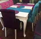 Masa-Sandalye ASLAN Model Kayın Lükens Kapitone Parlak Beyaz açıl masa tabla 6 sandalye El Yapım