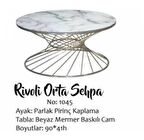 Bengi Brc RiVOLİ Orta Sehpa MODEL1045 Beyaz Mermer Desen Cam Metal Çelik Altın renk Kaplama Ayak El Yapım