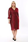 Kadın Büyük Beden Bordo Kol ve Ön Pul Payet Garnili Midi Boy Abiye Elbise