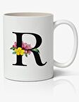 R Harfi Baskılı Çiçek Desenli Dekoratif - Baş Harf Baskılı Kupa Bardak - R Harfli Kahve Bardağı