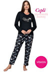 Kadın Bisiklet Yaka Düğmesiz Dökümlü Viskon Mevsimlik Uzun Kollu Cepli Pijama Takımı