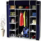 Çift Yandan Raflı Askılı Plastik Profilli Kumaş Bez Dolap, Geniş Portatif Gardırop-Lacivert