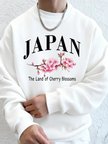 Japonya Kiraz Çiçekleri Ülkesi Baskılı Erkek Kapüşonlu Üstleri Sonbahar Bol Sweatshirt Temel
