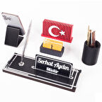 Vera Türk Bayraklı Gümüş Ahşap Masa İsimliği Seti Çizgi Desenli Ofis Dekoratif Masa üstü İsimlik 