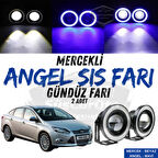 Ford Focus 3 2011-2014 Uyumlu Üniversal Mercekli Angel Sis Farı Metal Su Geçirmez 76 mm Mavi Halkalı Gündüz Farı Angel Eyes 2 Adet