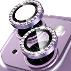 iPhone 14 / 14Plus için Kamera Koruyucu Taşlı ve Metal Lens Koruyucu Lila