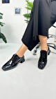 Günlük Kadın Loafer Topuklu Toka ve Dikiş Detaylı Bağcıklı Küt Burunlu Ayakkabı 1500